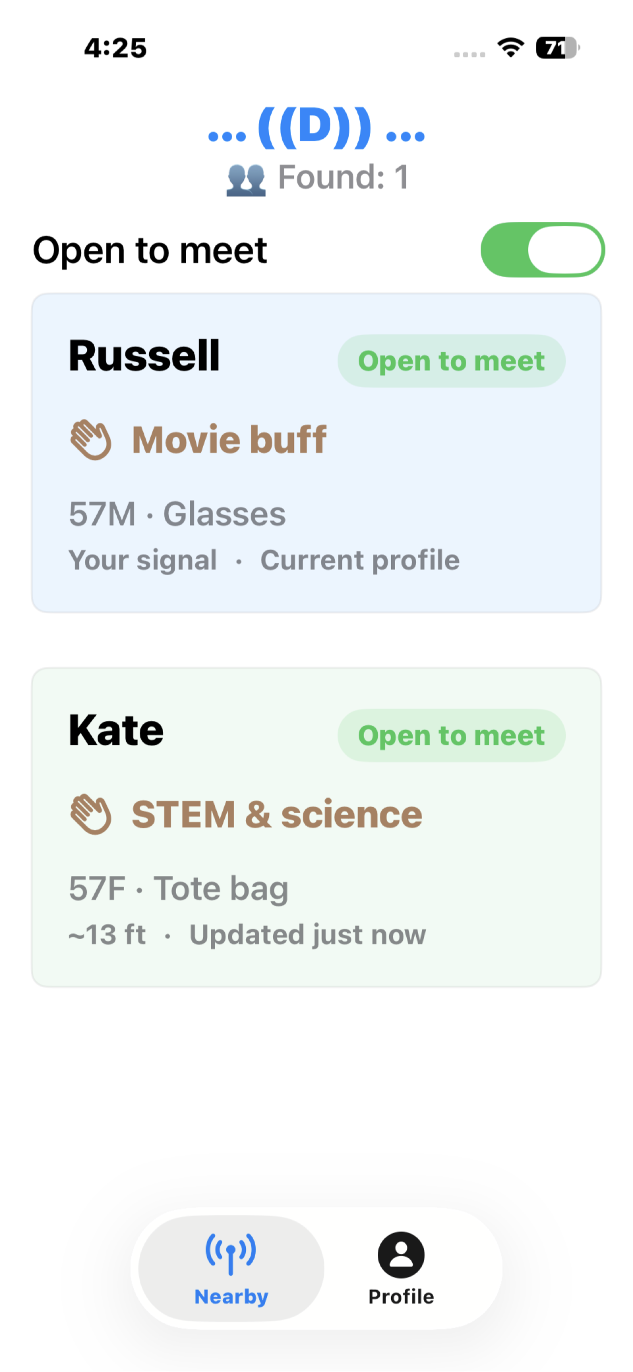 DinkLink app Nearby screen showing local open-to-meet profile cards